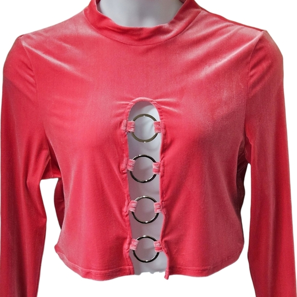 SHEIN CURV High Neck LongSleeve Cropped Pink Velvet Front Embellished O-Ring Top - Picture 2 of 14